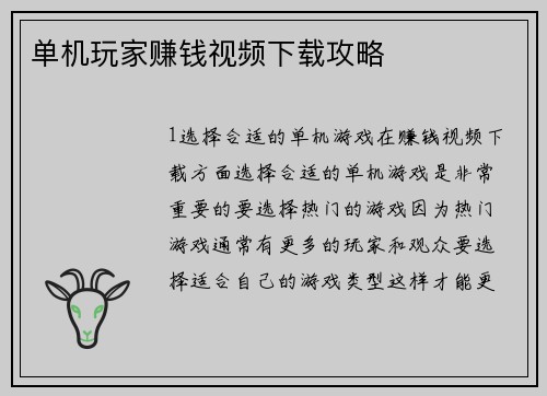 单机玩家赚钱视频下载攻略