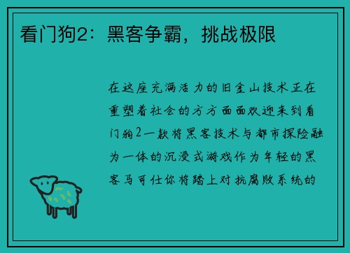 看门狗2：黑客争霸，挑战极限